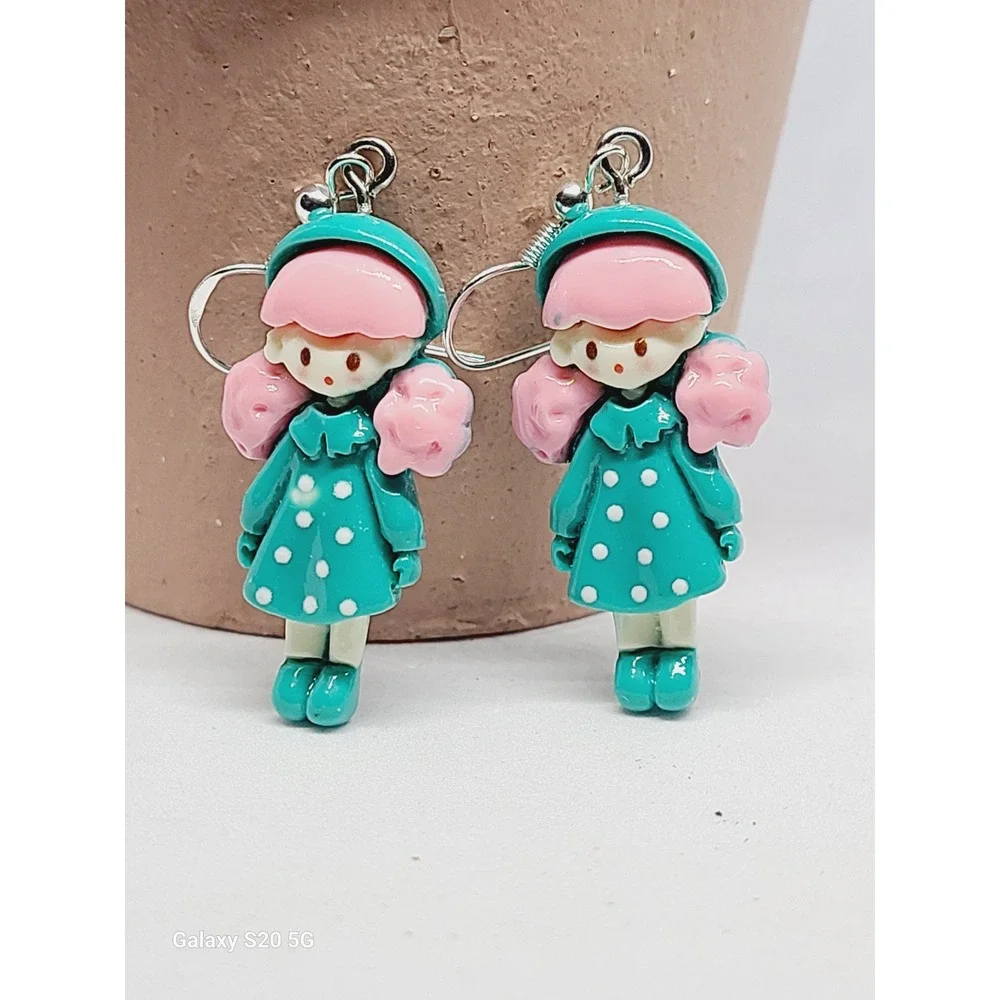 Handmade Teal Pink Doll Girl Drop Earrings Polka Dot‎ Dress Resin Jewelry